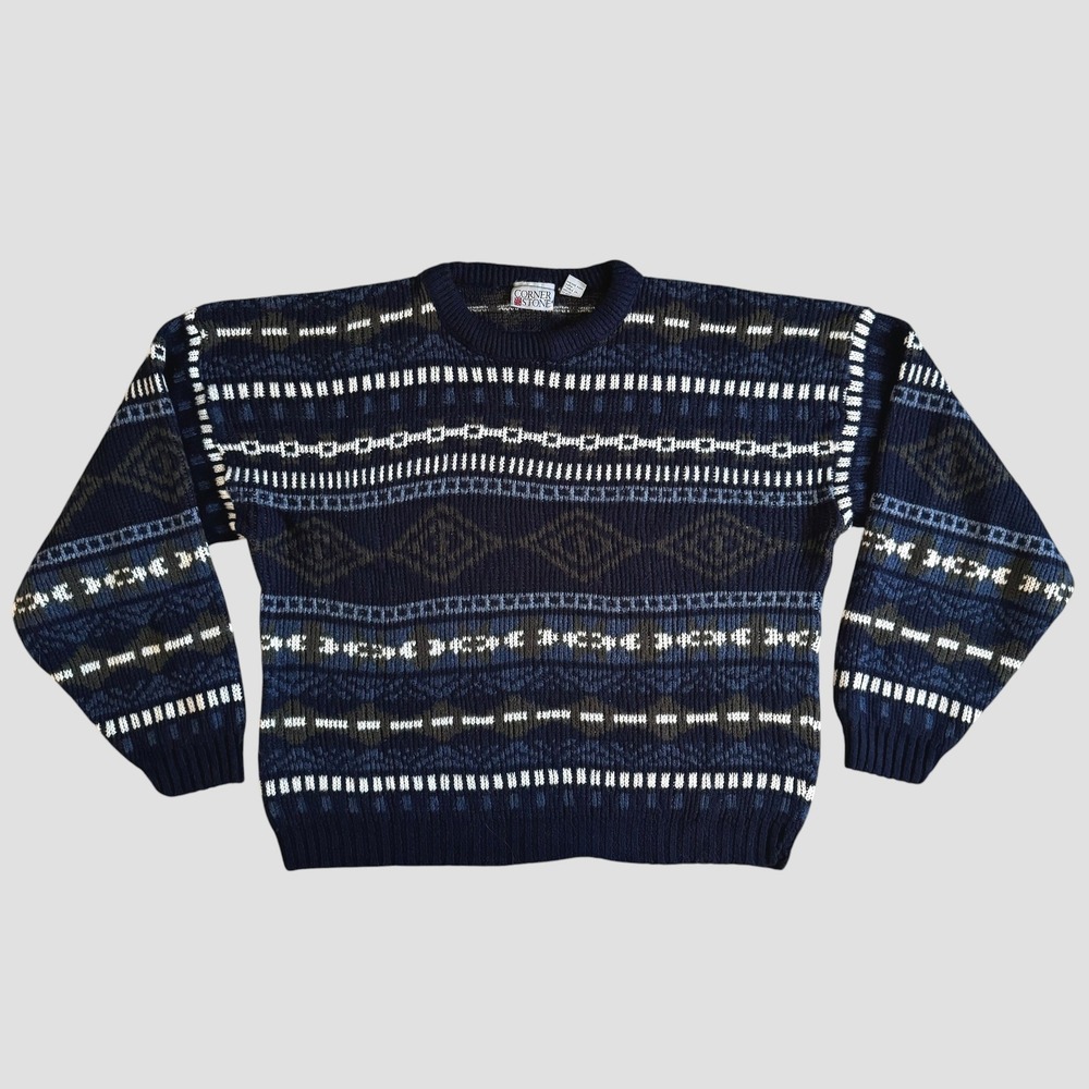 VTG 90s Corner Stone Navy Blue Fisherman Geometric Knit Fair Isle Sweater Large